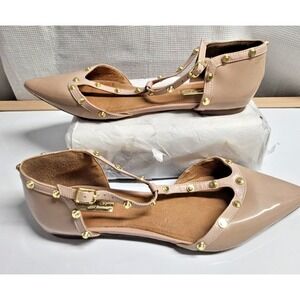 Halogen Olson pointytoe studded T-strap Flat patent leather woman Sz 9 pale pink